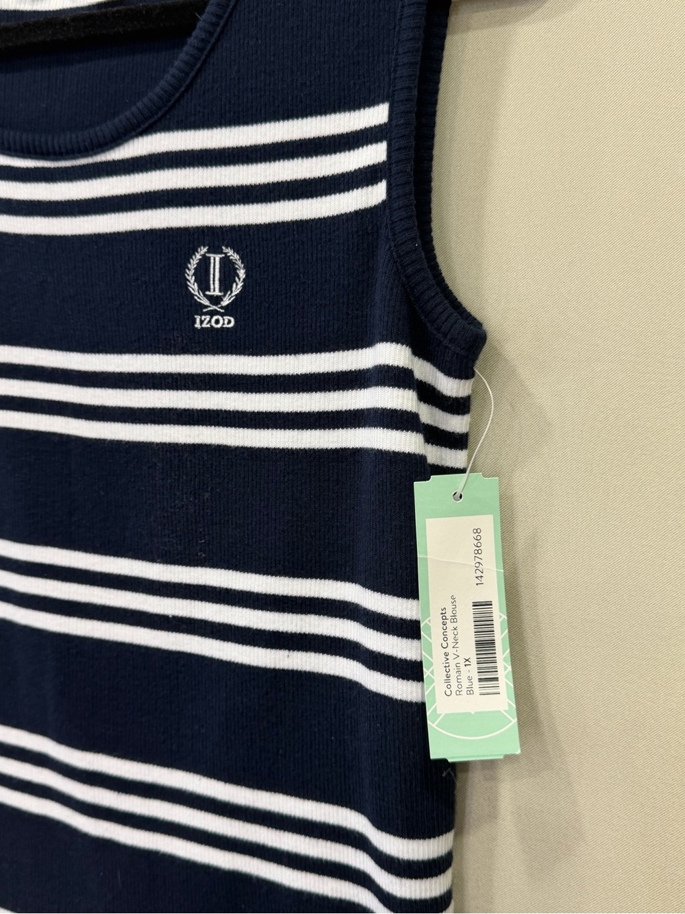 IZOD Women’s Navy White Striped Sleeveless Top Petite Large PL 100% Cotton NWT - Picture 3 of 10